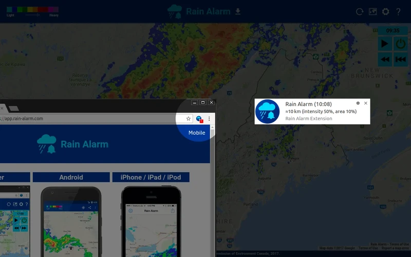 Rain Alarm extension radar map showing approaching precipitation and location alert distance
