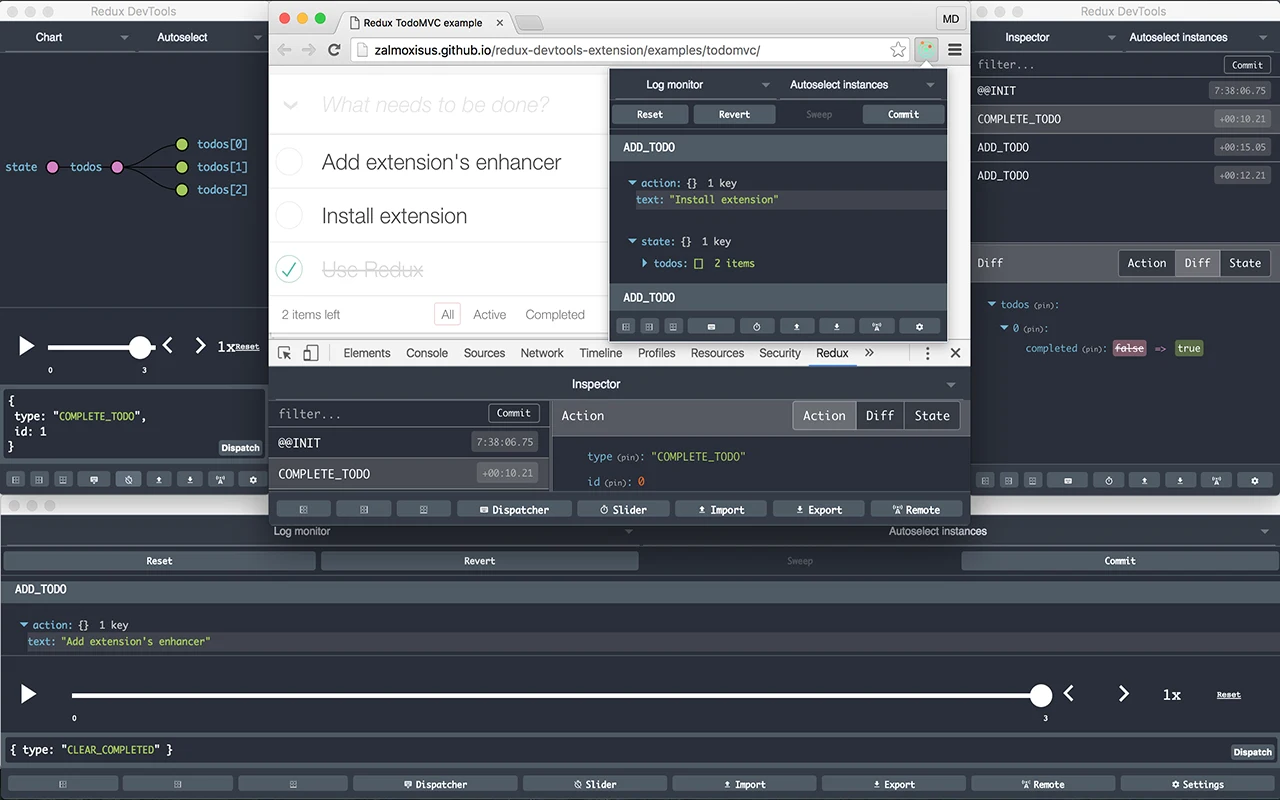 Redux DevTools Inspector and log monitor showing dispatched actions, state diffs and a time-travel slider on a TodoMVC app