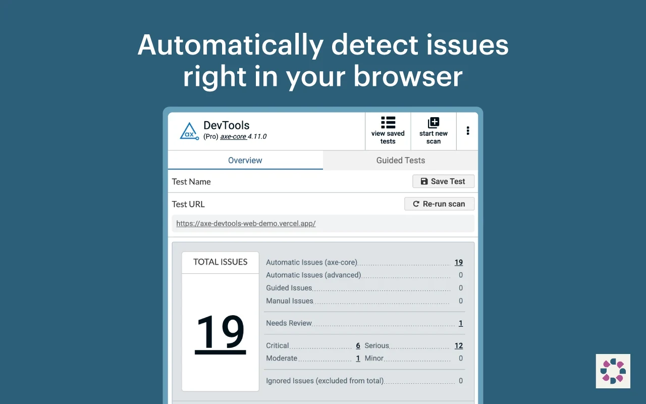 axe DevTools extension panel in Chrome showing automated accessibility scan results grouped by severity