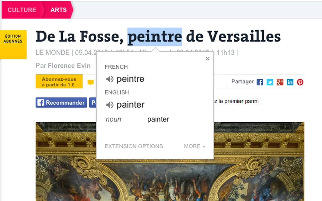 Google Translate pop-up showing the French word peintre translated to painter on a web page