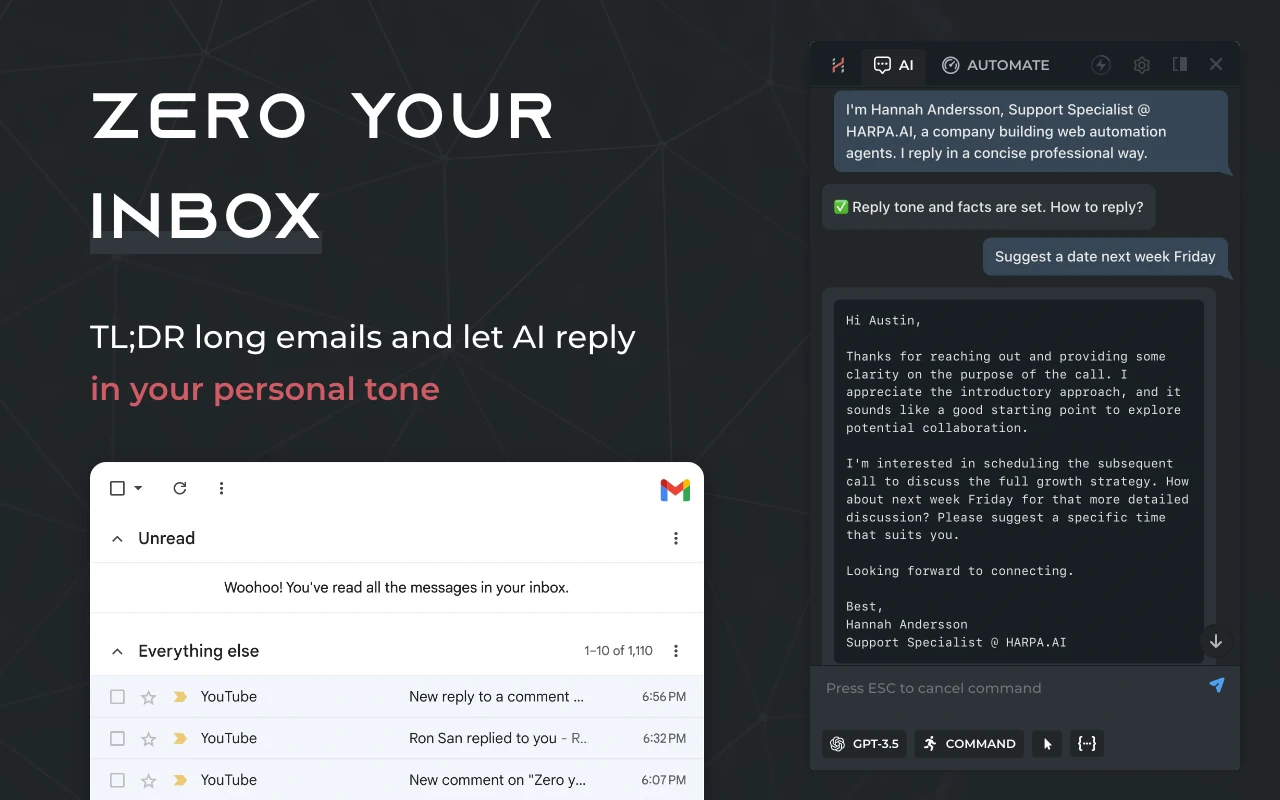 HARPA AI extension showing web automation commands, price tracking, and page summaries
