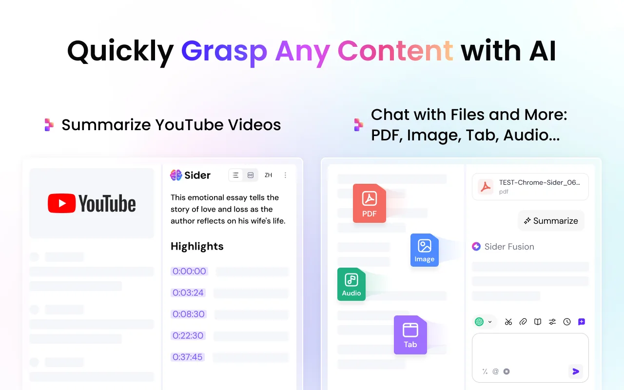 Sider AI sidebar summarizing a YouTube video and chatting with files, with the text Quickly Grasp Any Content with AI