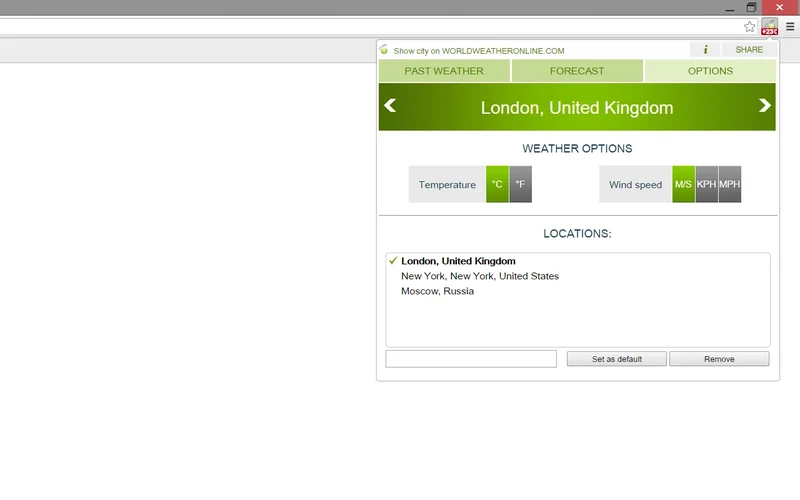 WorldWeatherOnline extension interface with international location search and 7-day forecast