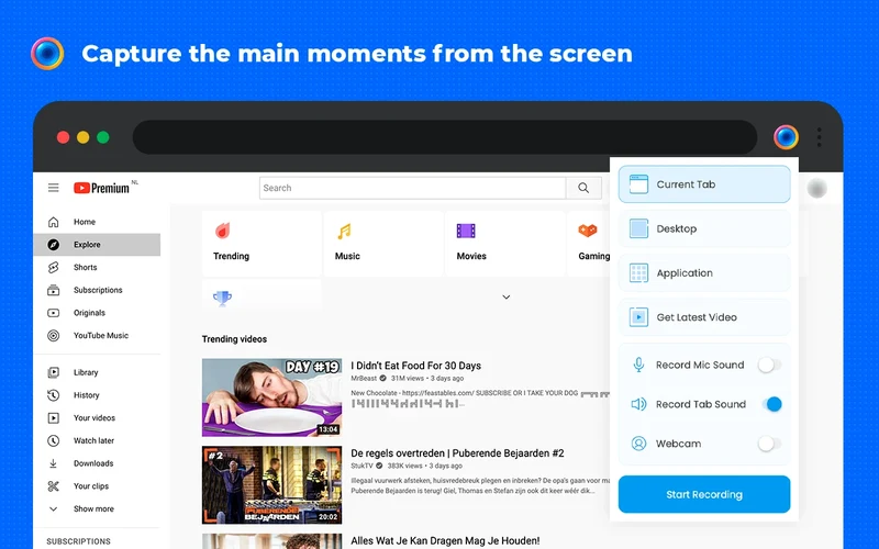 Scrnli Chrome extension popup showing screen recording options for current tab, desktop, microphone, and webcam