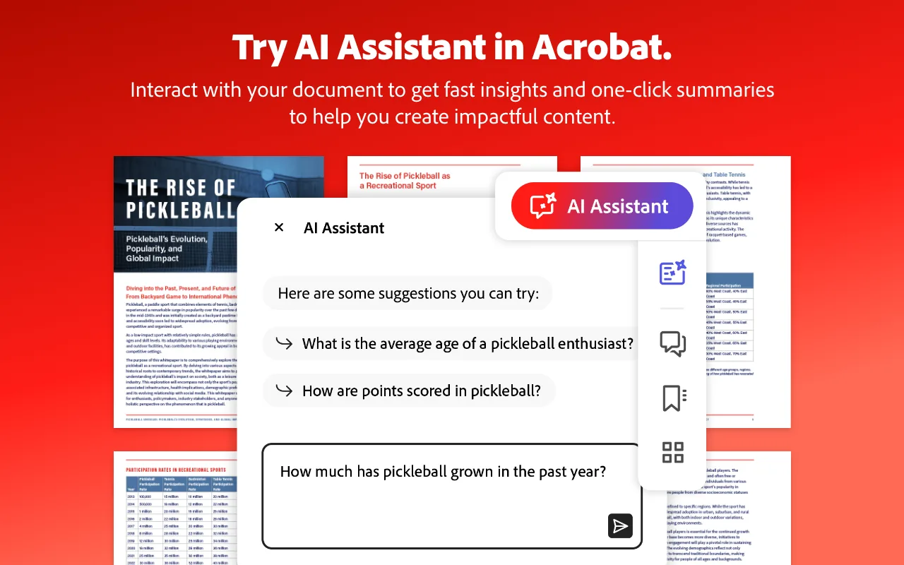 Adobe Acrobat AI Assistant open on a PDF about pickleball, on a red background