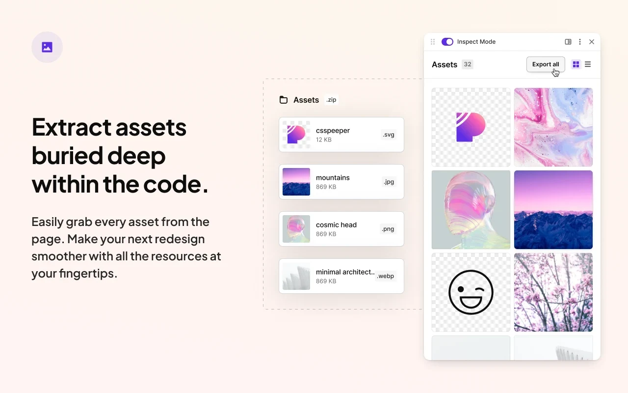 CSS Peeper panel in Inspect Mode listing 32 page image and SVG assets with an Export all button