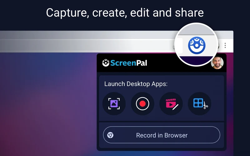 ScreenPal Chrome extension launcher with shortcuts for browser recording, screenshots, and video editing