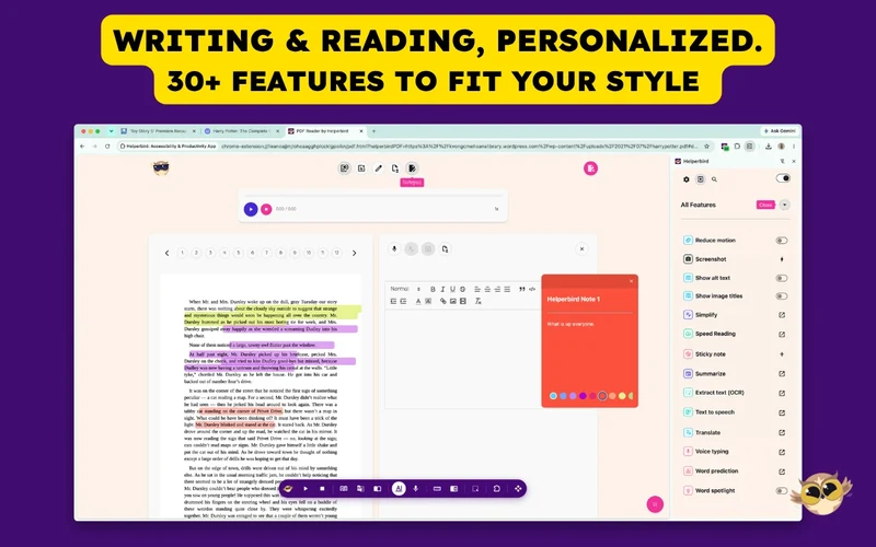 Helperbird accessibility toolbar displaying dyslexia fonts, text-to-speech, and reader mode settings