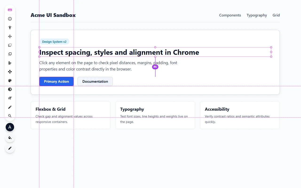 VisBug floating toolbar on the left side of a test web page with magenta alignment guides and an 86-pixel distance measurement