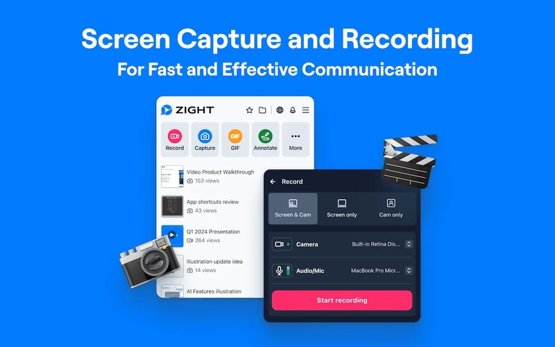 Zight Chrome extension recording interface showing full screen, region, camera, and microphone controls