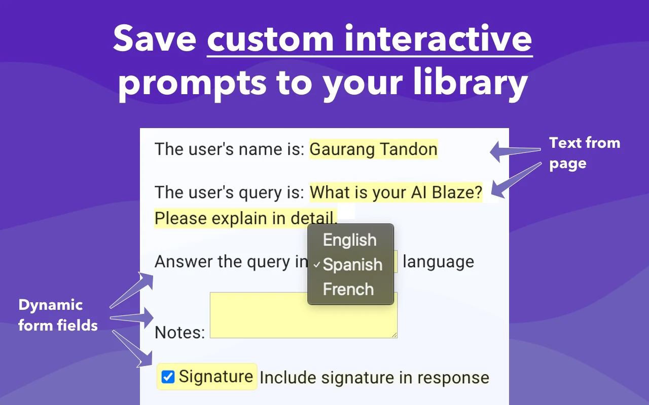 AI Blaze extension inserting custom AI prompt templates into webpage text fields