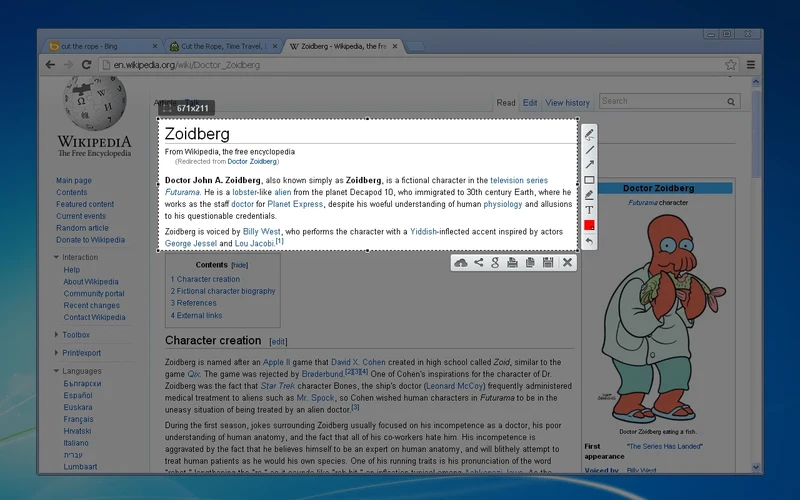 Lightshot Chrome extension selecting a custom region on a webpage with floating annotation and save toolbars