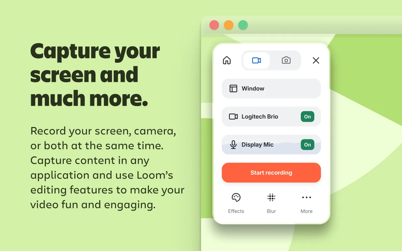Loom recording pop-up with window, camera and microphone options, with the text Capture your screen and much more