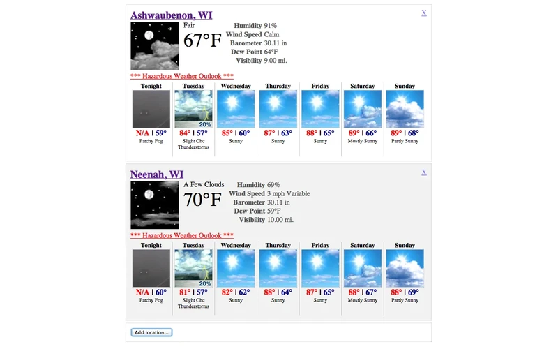 NOAA NWS Weather Forecast popup displaying National Weather Service 7-day forecast data by US city