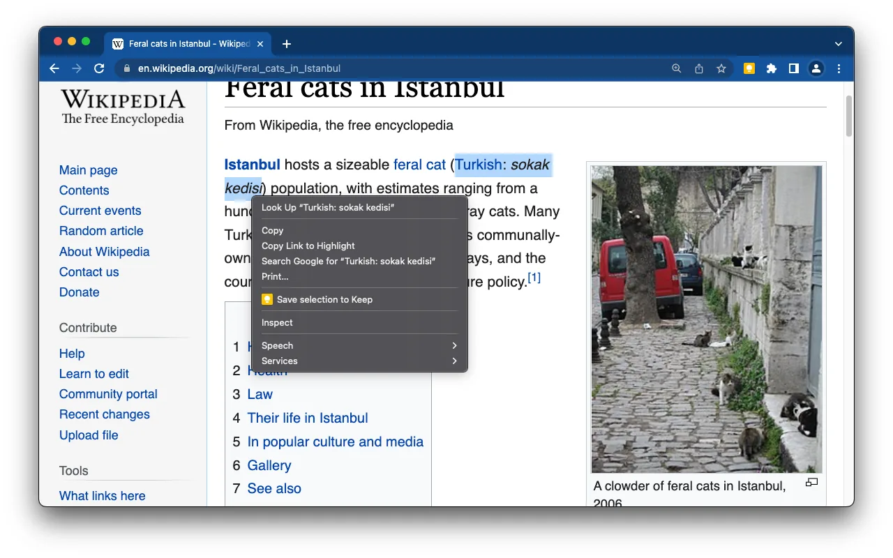 Google Keep right-click menu with Save selection to Keep on a Wikipedia page