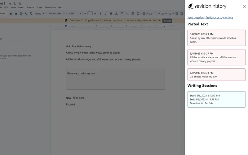 Revision History extension showing student writing timeline and edit history in Google Docs