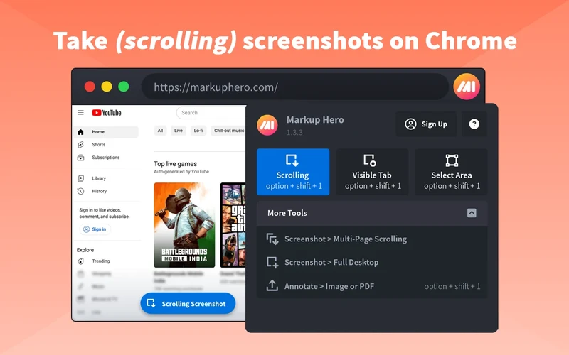 Markup Hero Chrome extension menu showing scrolling screenshot, visible tab, select area, and PDF annotation modes