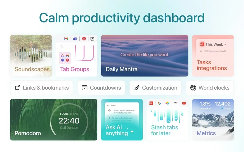 Momentum dashboard new tab displaying local weather forecast alongside daily photo, clock, and focus task