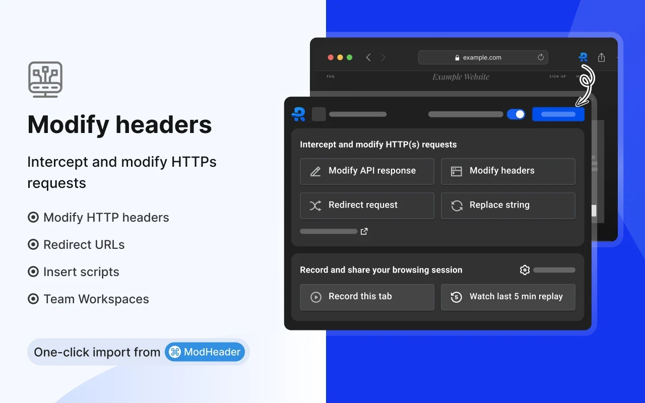 Requestly extension menu showing options to modify API responses, modify HTTP headers, redirect requests and replace strings