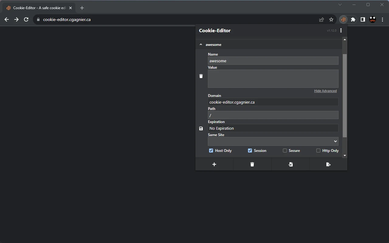 Cookie-Editor popup open on a test page showing cookie name, value, domain, expiration and HttpOnly or Secure flags