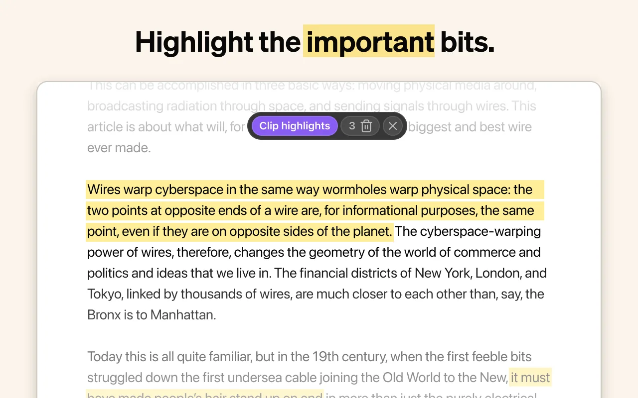 Obsidian Web Clipper highlighting text on an article, with the text Highlight the important bits