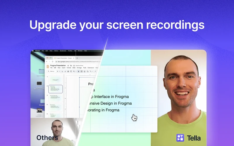 Tella Chrome extension recording layout showing side-by-side screen capture and webcam speaker view