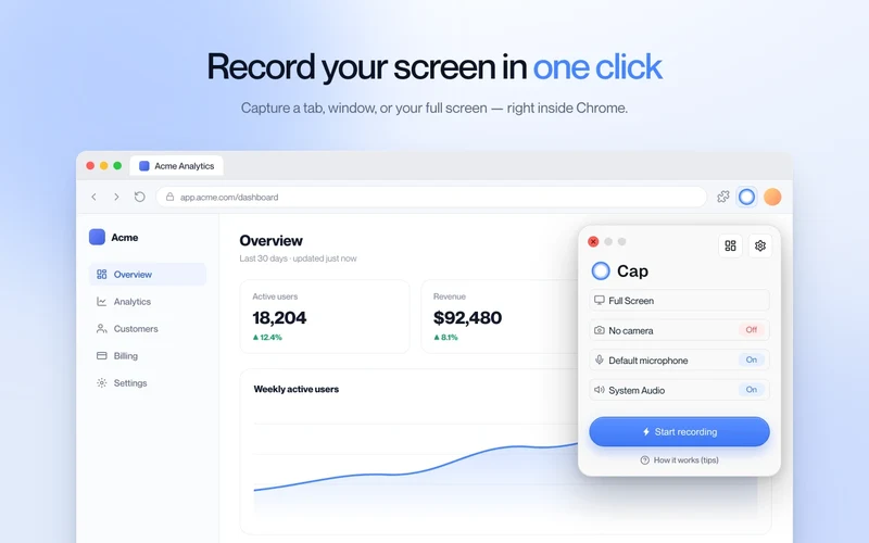 Cap open-source Chrome extension popup showing display, window, tab, camera, and microphone recording options