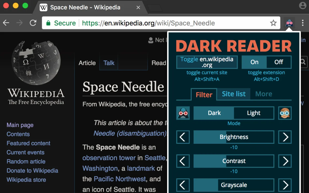 Dark Reader menu with brightness and contrast sliders on a dark Wikipedia page
