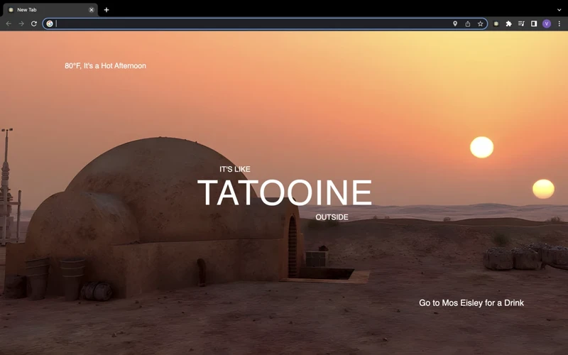 Star Wars Weather new tab page displaying a Star Wars planet background matched to local weather conditions