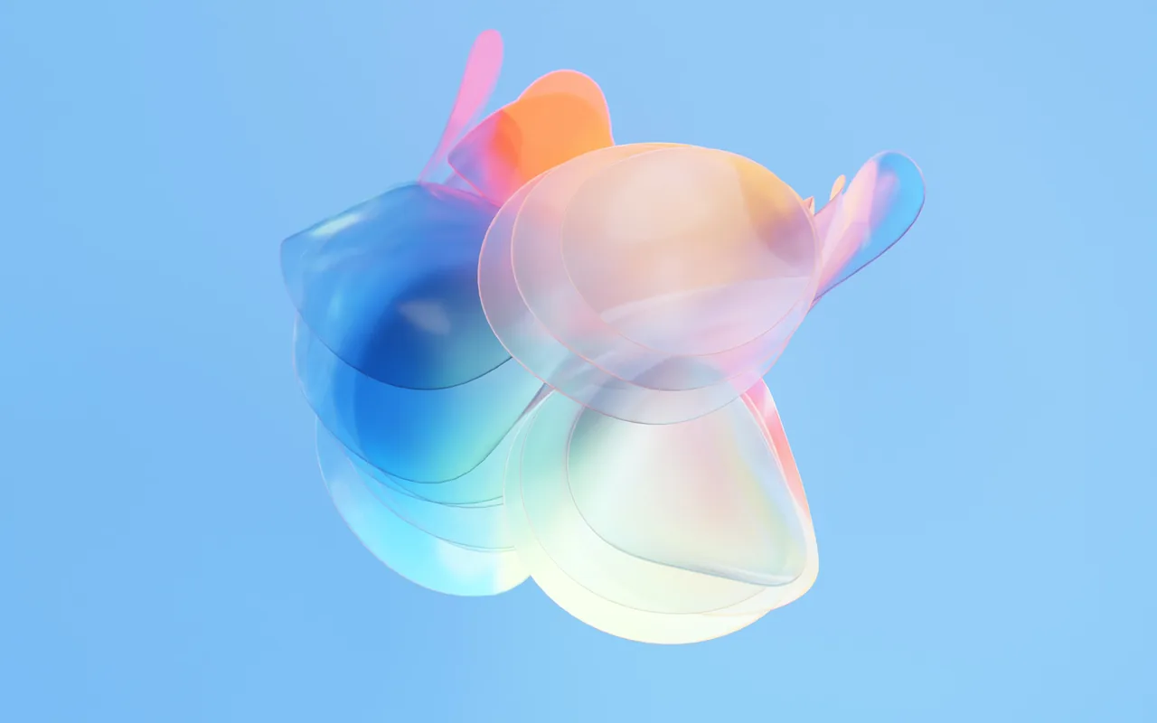 Glass Chrome theme with a pastel 3D glass shape on blue