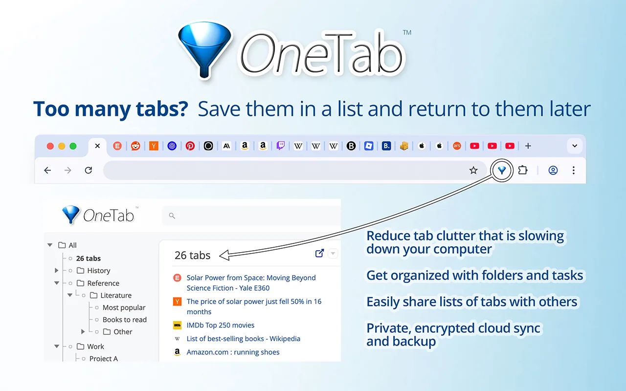 OneTab list of saved tabs, with the text Too many tabs? Save them in a list and return to them later