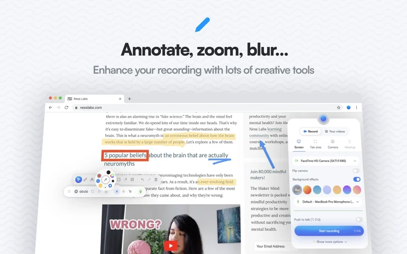 Screenity Chrome extension recording desktop screen with drawing tools, camera overlay, and audio controls