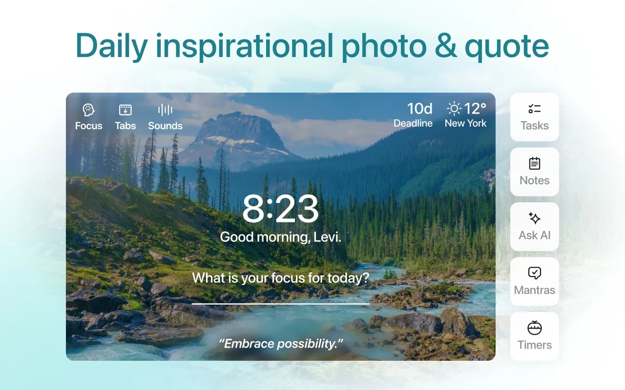 Momentum new tab page with a mountain photo, the time, a focus question and a quote