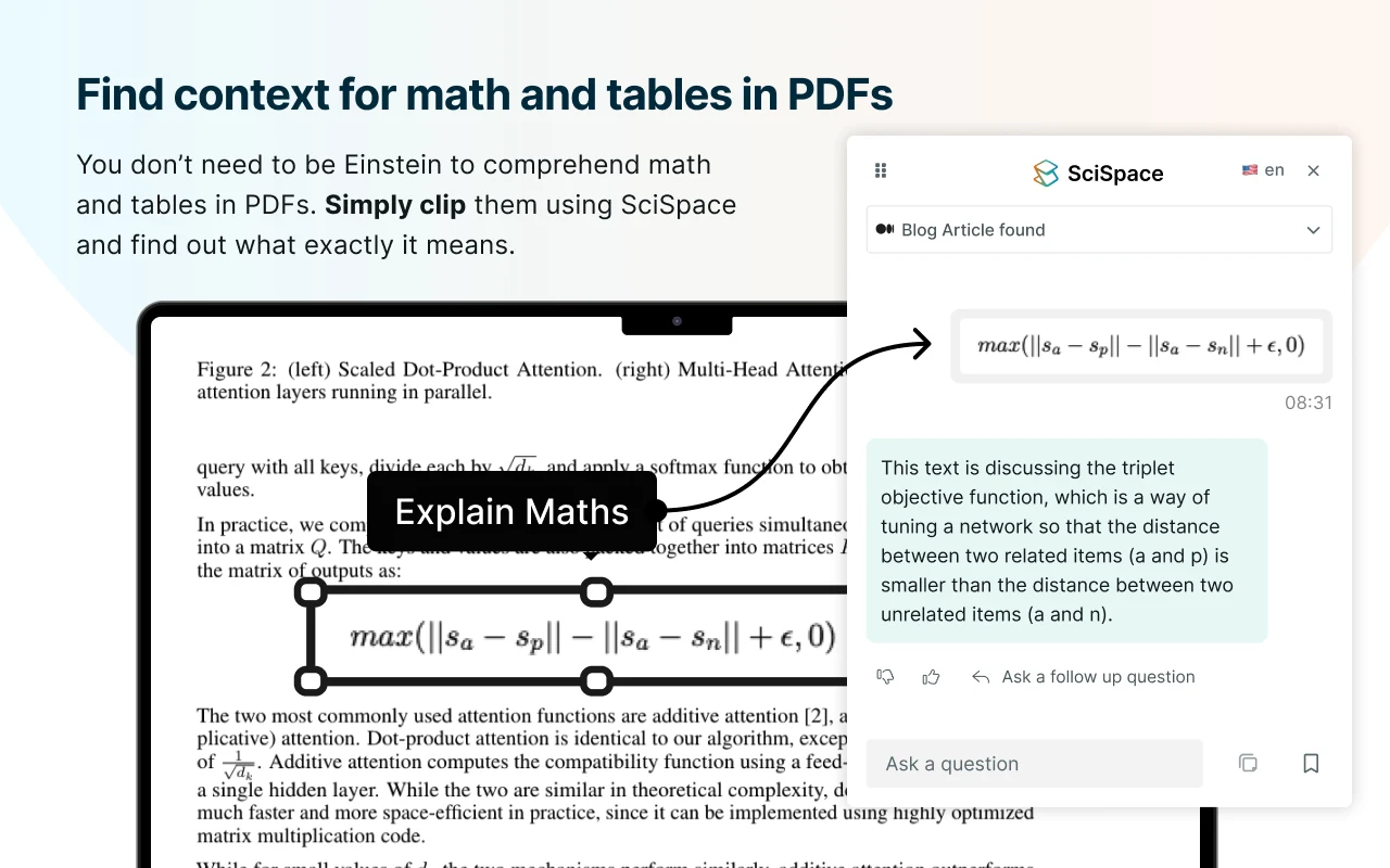 SciSpace extension explaining scientific papers and complex formulas in research documents