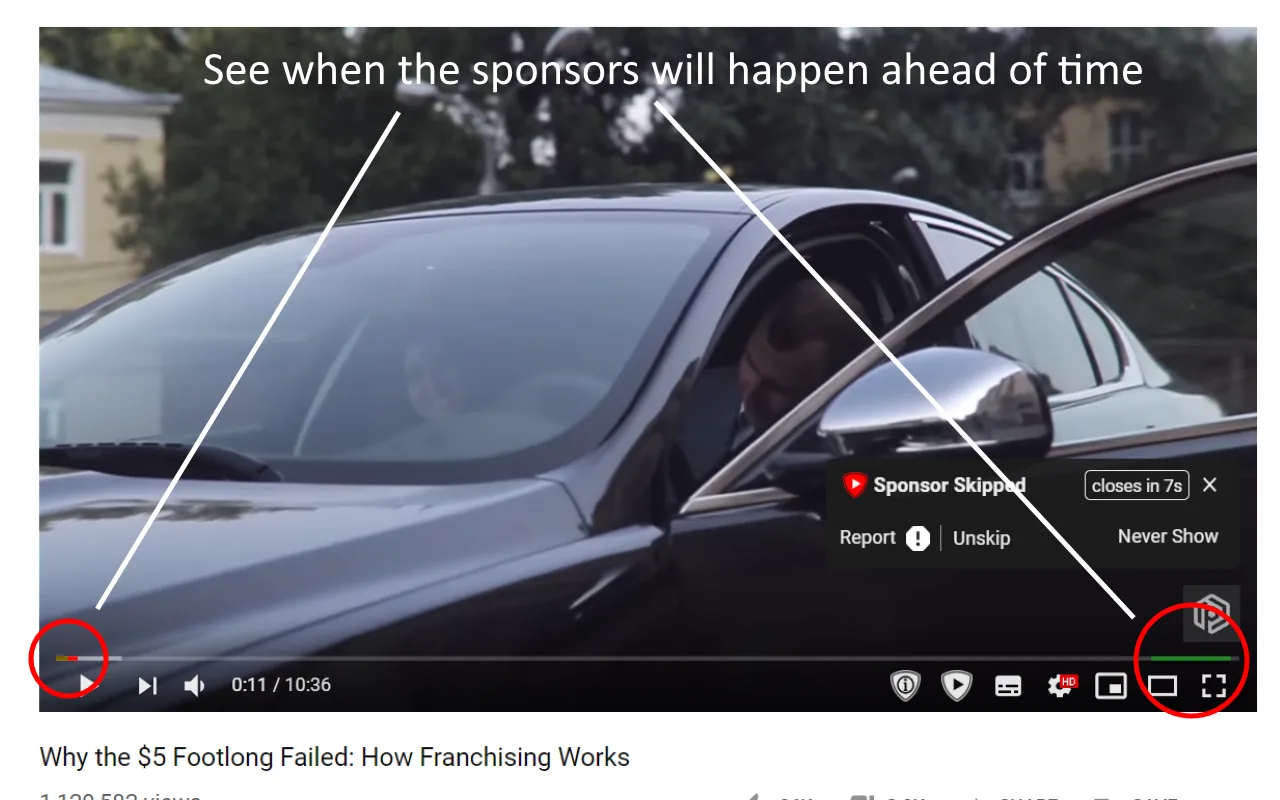 SponsorBlock on a YouTube video showing a Sponsor Skipped message and marked segments on the timeline