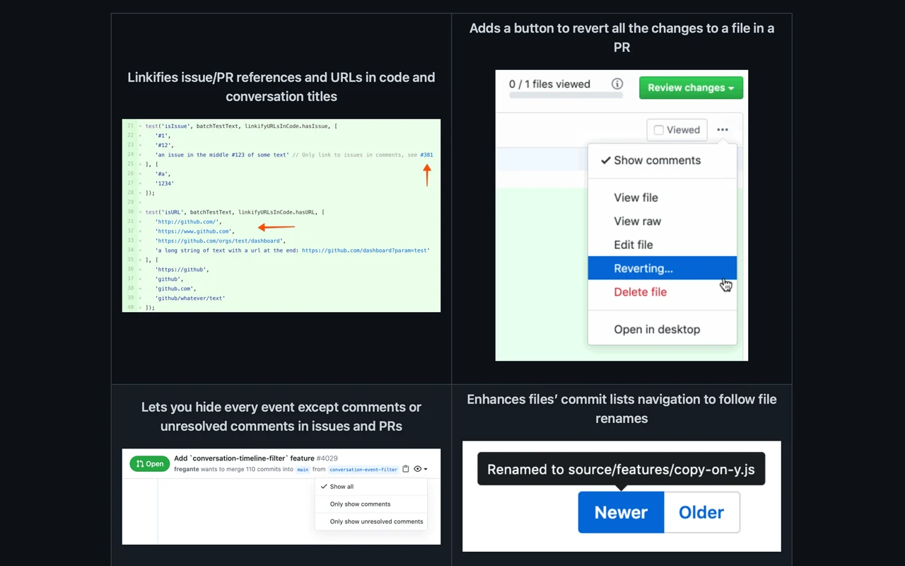 Refined GitHub examples showing linkified issue references, a button to revert file changes in a pull request and conversation filters