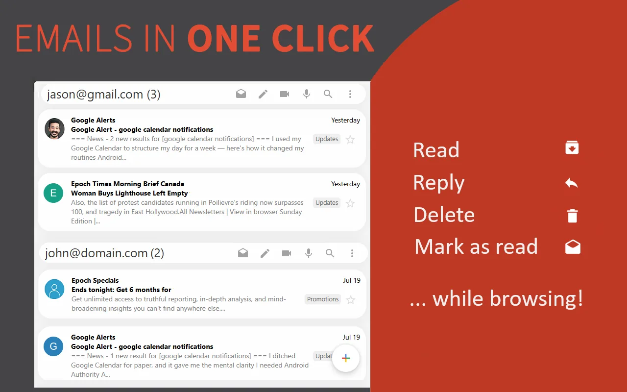 Checker Plus for Gmail pop-up showing email previews with Read, Reply, Delete and Mark as read options