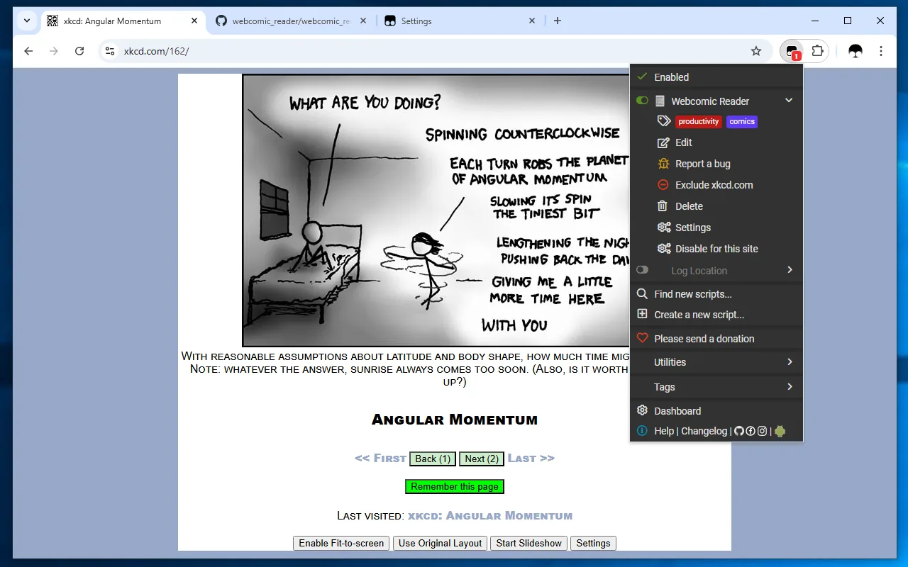 Tampermonkey menu open on a web comic page, listing a running userscript and other options