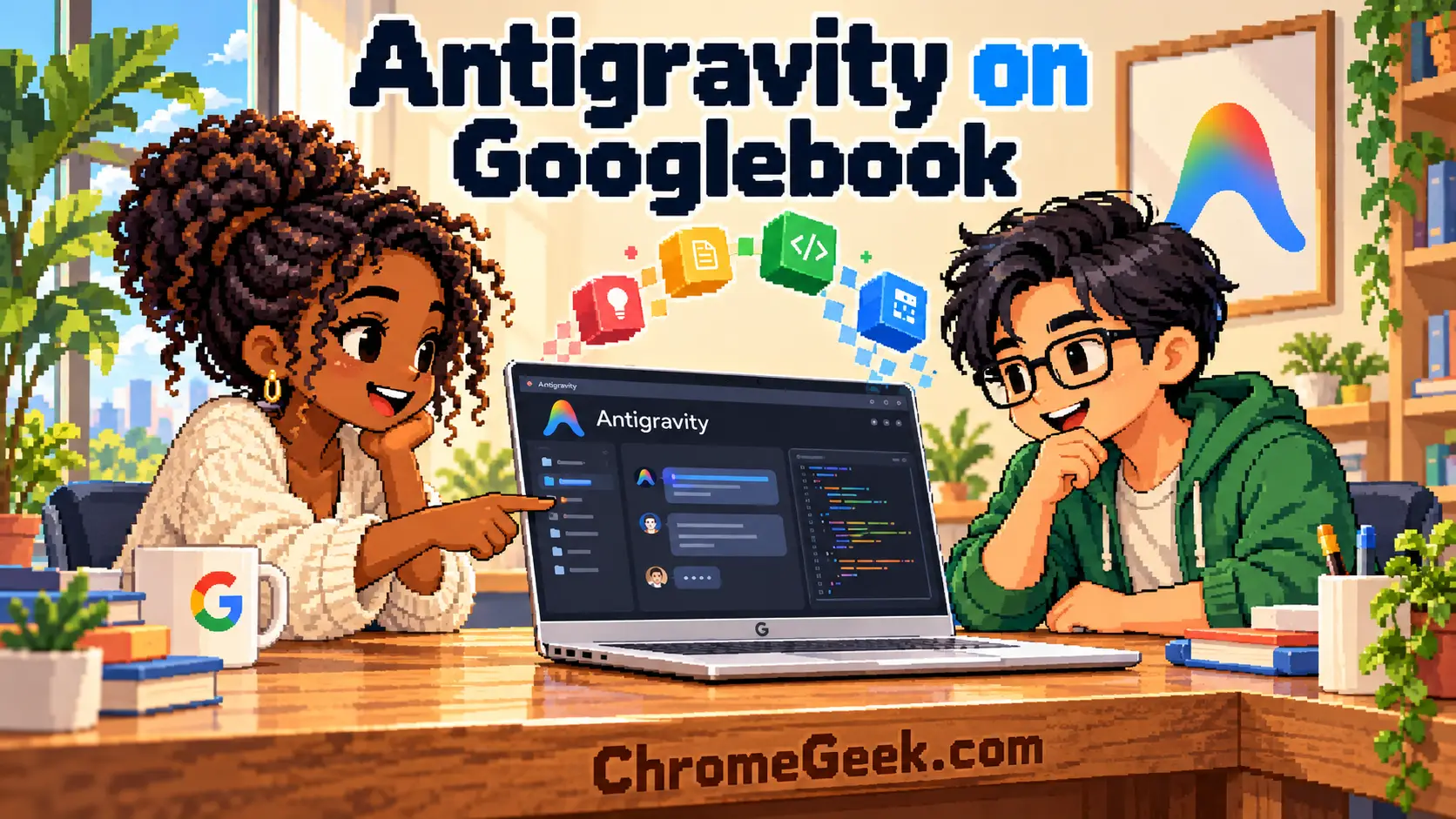 Pixel art of two people at a desk using Google Antigravity on a Googlebook, with the title Antigravity on Googlebook