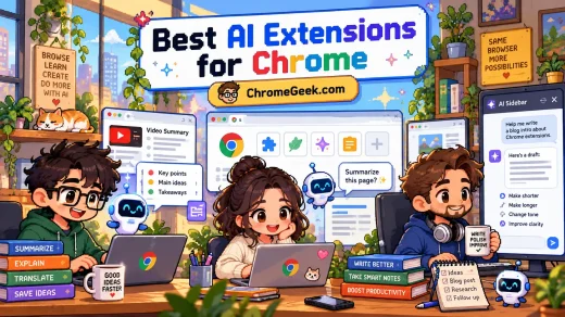 Pixel art illustration of people using AI Chrome extensions for video summaries, page research, and sidebar writing assistance