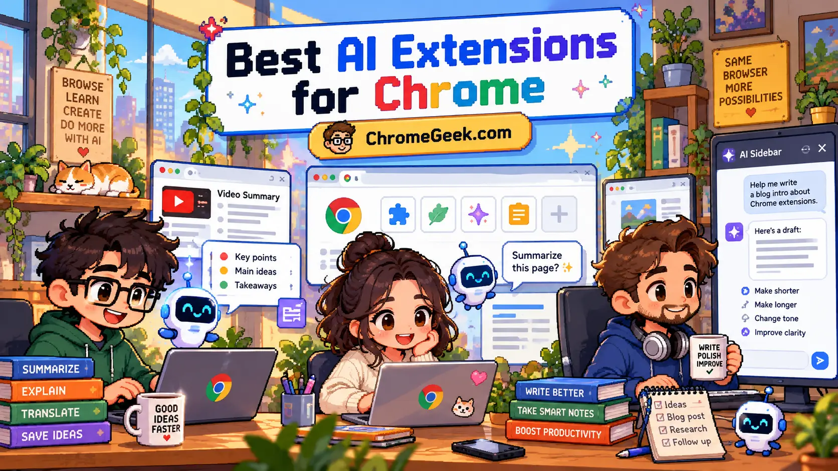 Pixel art illustration of people using AI Chrome extensions for video summaries, page research, and sidebar writing assistance