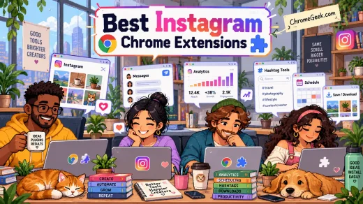 Best Instagram Chrome Extensions illustration showing creators, tools, and laptop screens