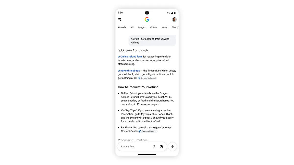 Example of inline links inside an AI Mode response. Image: Google