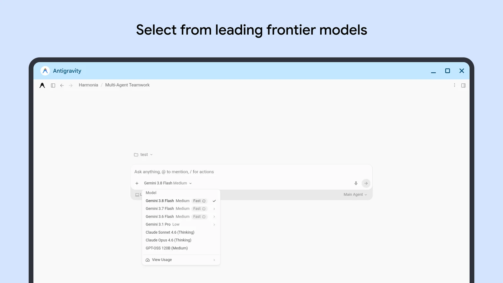 Antigravity model picker listing Gemini 3.8 Flash, Gemini 3.1 Pro, Claude and GPT-OSS models