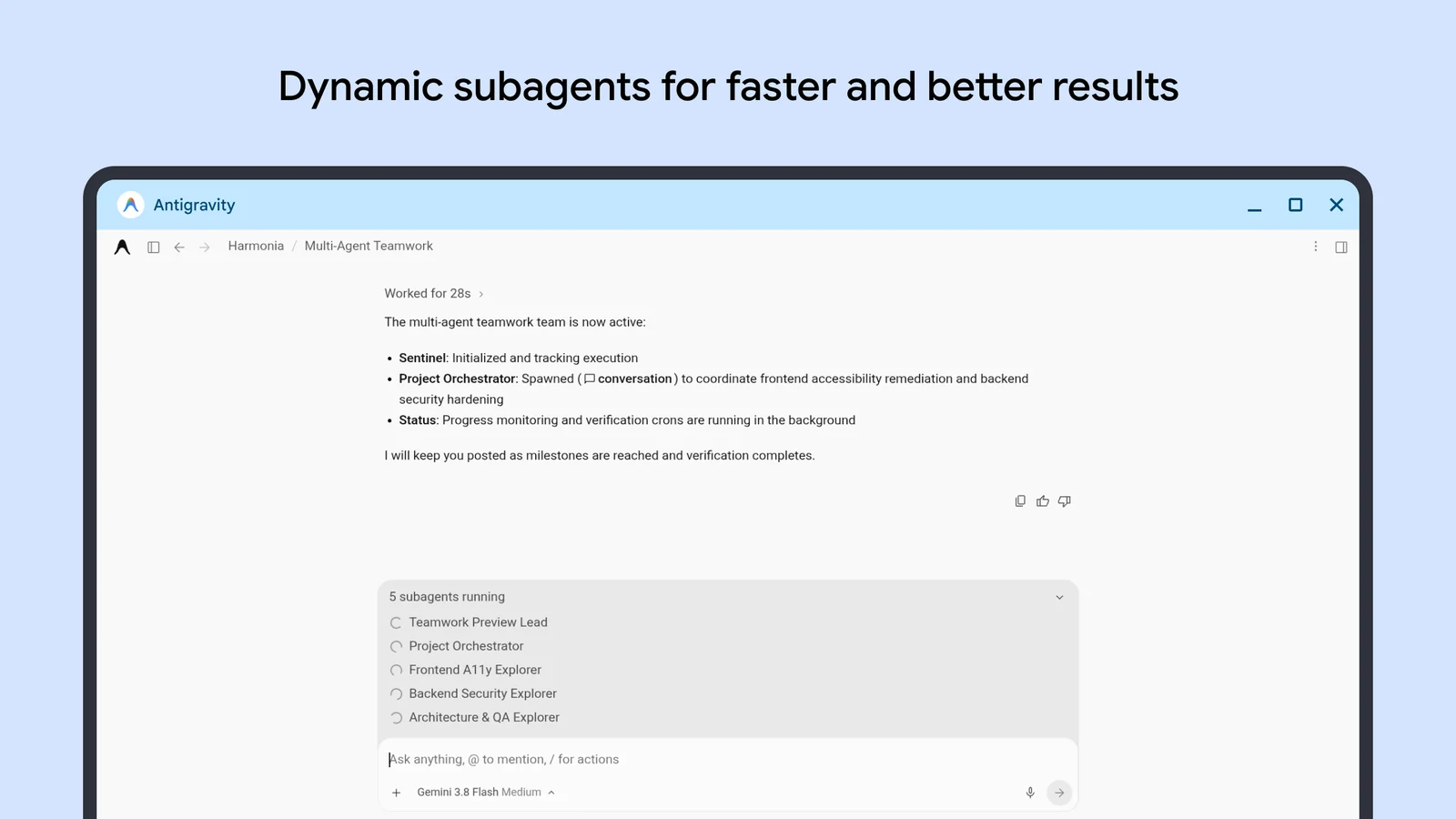 Antigravity window on Googlebook showing five subagents running in parallel