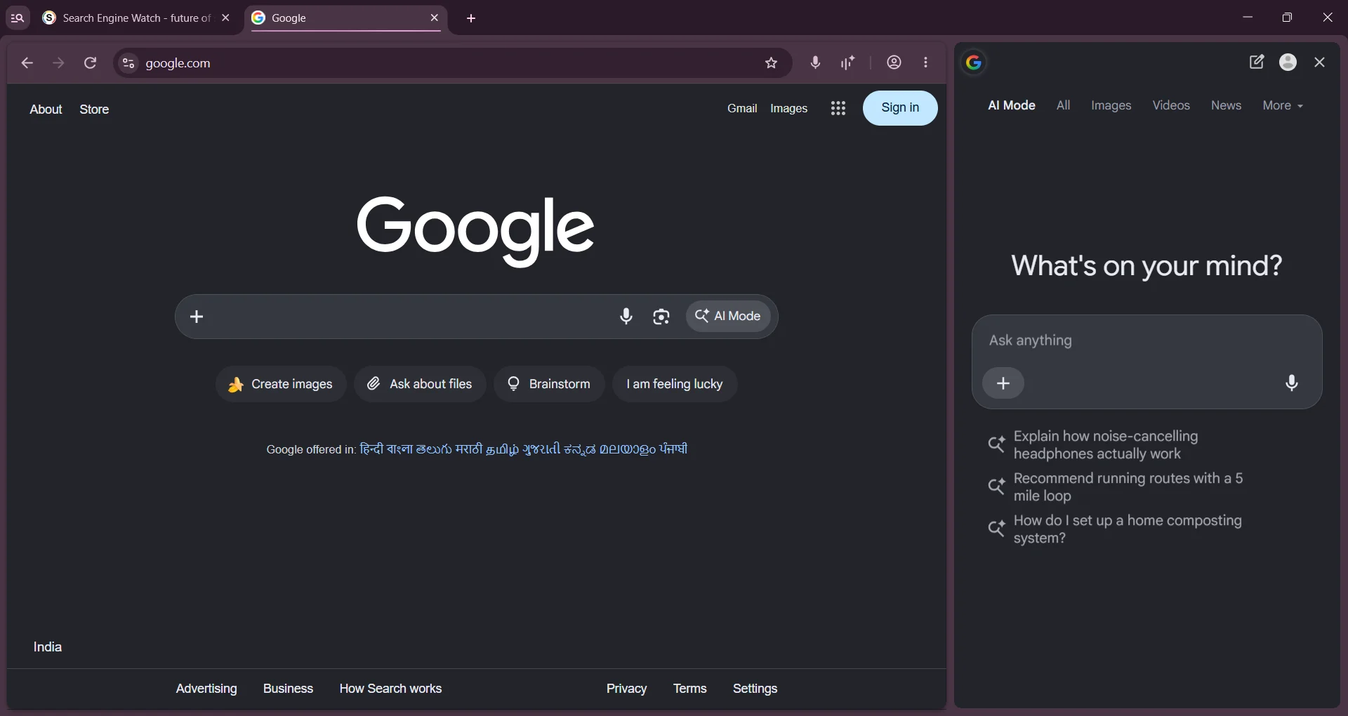 AI Mode open in the Chrome side panel next to the Google homepage