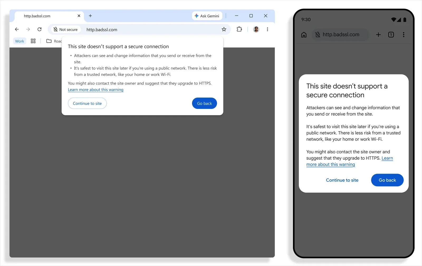 Chrome's warning on desktop and Android that says This site doesn't support a secure connection, with Continue to site and Go back buttons