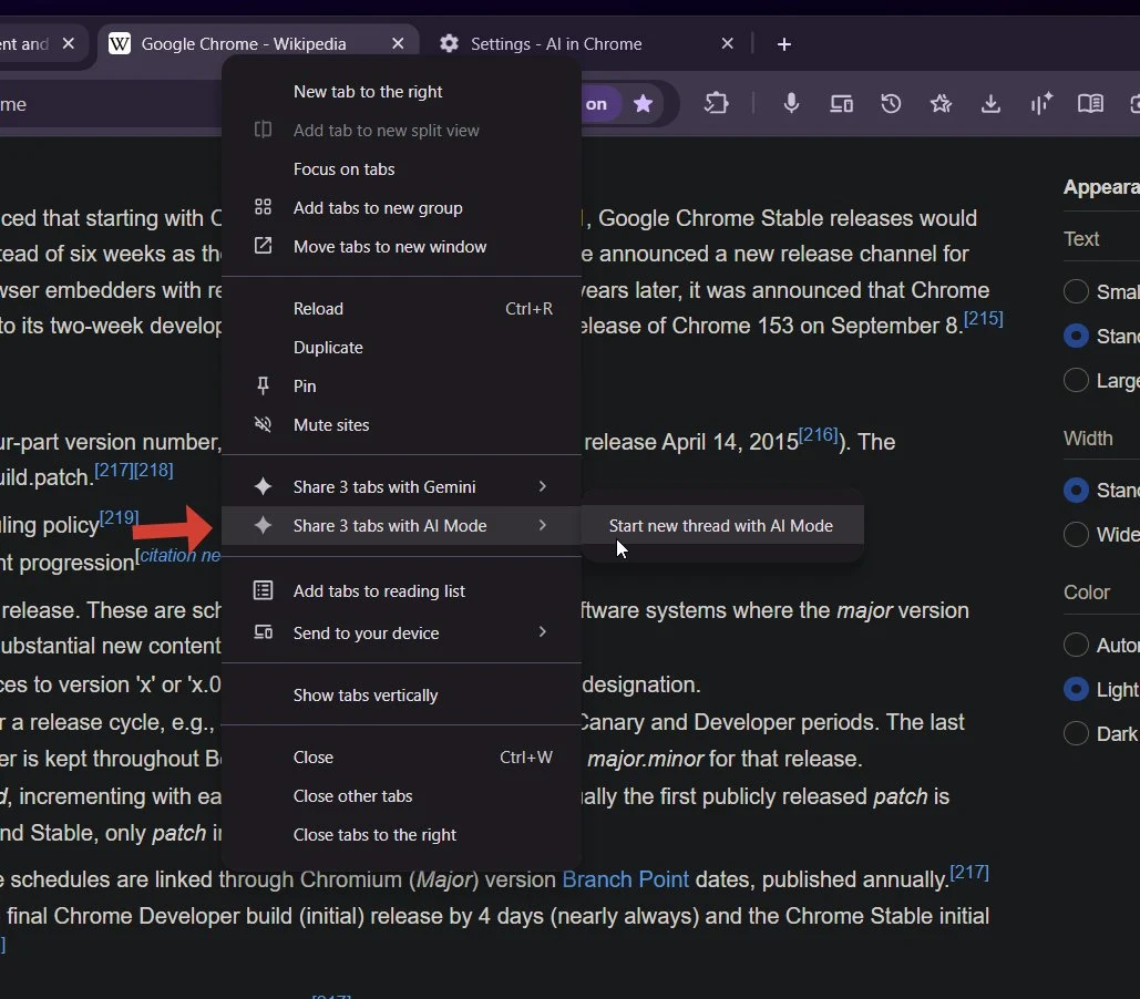 Chrome Canary tab menu with three tabs selected showing Share 3 tabs with Gemini and Share 3 tabs with AI Mode