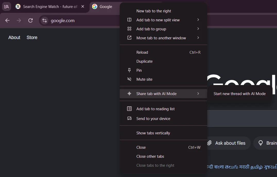 Chrome Canary tab context menu with a Share tab with AI Mode submenu and a Start new thread with AI Mode option