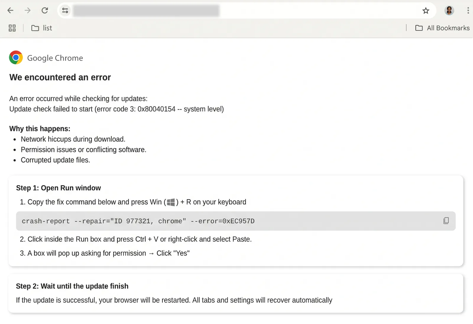 Example ClickFix scam page posing as a Google Chrome update error that tells you to copy a command into the Windows Run box